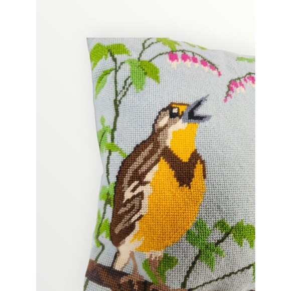 Vintage Needlepoint Bird In Tree Decor Throw Pillow 11"x11"  Signed 1990 - Picture 2 of 12